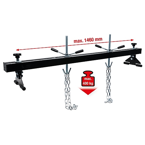 Schwarze Vorrichtung mit Ketten, Gewichtsanzeige und Maßangabe (max. 1460 mm)